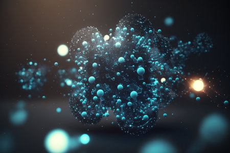 3D rendering of abstract blue molecule on dark background with copy spaceの素材