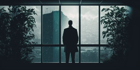 Businessman standing in office and looking at city view. Mixed mediaの素材