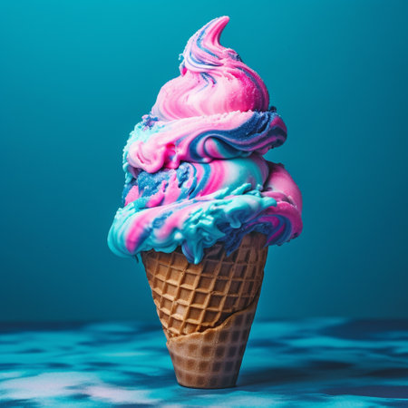 Ice cream in waffle cone on blue background. 3d renderingの素材