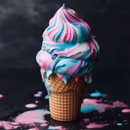 Strawberry ice cream in a waffle cone on a dark backgroundの素材