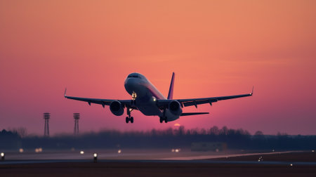 airplane landing at sunset view of natureの素材