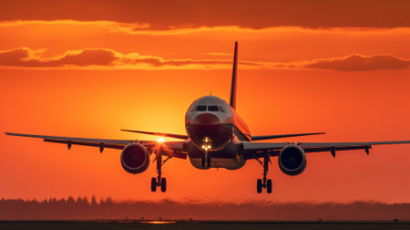 airplane landing at sunset view of natureの素材