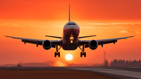 airplane landing at sunset view of natureの素材