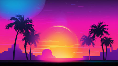 Palm trees silhouetted against a colorful tropical sunsetの素材