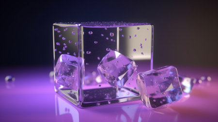 Ice cube with water drops on a purple background. 3d renderingの素材