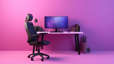 Modern 3d illustration of gaming room with all accessories, Gaming chair, Gaming PC, gradient backgroundの素材