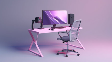 Modern 3d illustration of gaming room with all accessories, Gaming chair, Gaming PC, gradient backgroundの素材