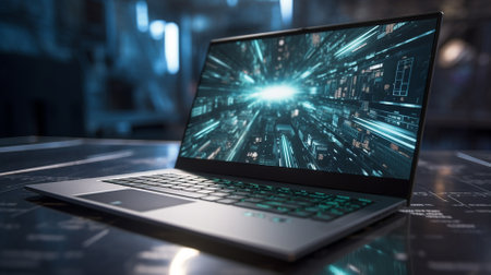 Close-up shot of laptop with abstract technology lines on the screen 3D renderingの素材