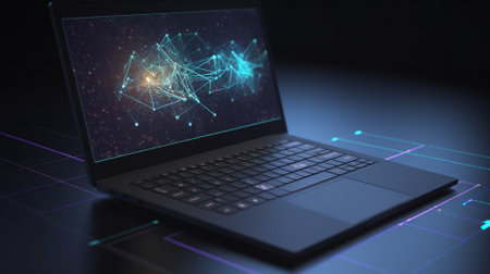 Close-up shot of laptop with abstract technology lines on the screen 3D renderingの素材