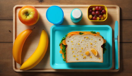 Healthy school lunch with sandwich and fruits on wooden table, top viewの素材