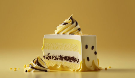 Cream cake with chocolate cream on yellow background. 3d renderingの素材