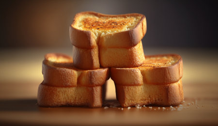 Stack of tasty toasts on an orange background, closeupの素材