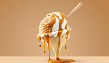 3D illustration of ice cream with caramel sauce on a brown backgroundの素材