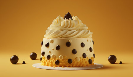 Cream cake with chocolate cream on yellow background. 3d renderingの素材