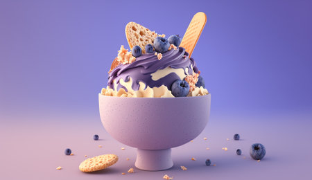 Blueberry ice cream in bowl with cookies. 3D illustration.の素材