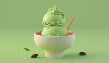 Green ice cream in a bowl with a spoon, 3D rendering.の素材