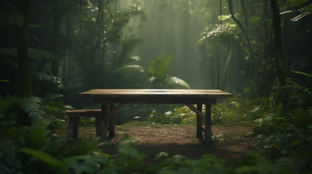 An empty wooden table for product showcase placed in a tropical forest, 3d renderの素材