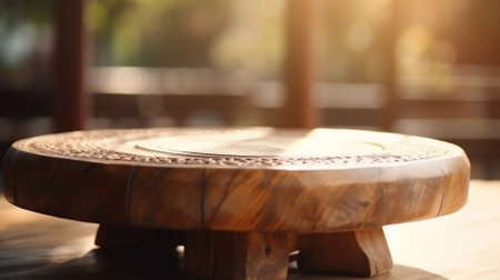 An empty wooden table for product showcase placed in a tropical forest, 3d renderの素材