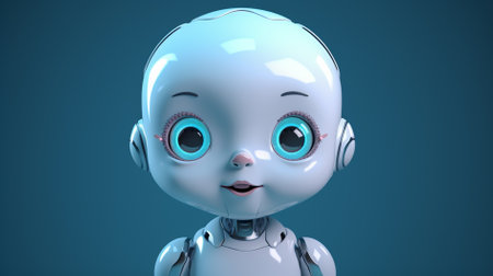 3d rendering of a cute robot with blue eyes on blue backgroundの素材