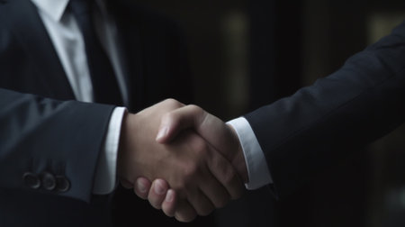 Photo for two businessmen shaking the hands while meeting, corporate - Royalty Free Image