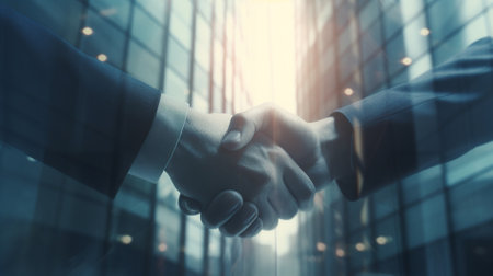 two businessmen shaking the hands while meeting, corporate buildings, double exposureの素材