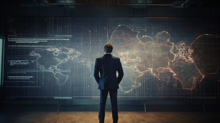 Businessman looking at digital world map and cityscape, corporate, businessの素材