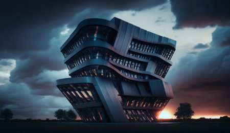 3D render of a modern building at sunset with clouds in the skyの素材