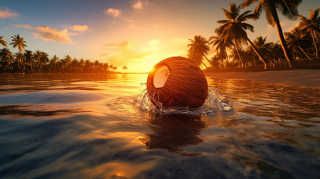 Coconut splashing out of the water, close-up shot, World Coconut Dayの素材