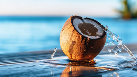 Coconut splashing out of the water, close-up shot, World Coconut Dayの素材