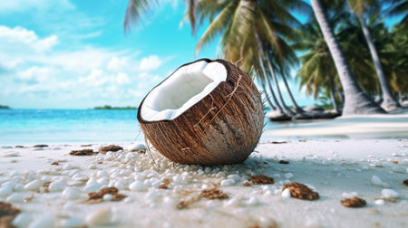 Broken brown coconut on sandy beach, Tropical beach, World Coconut Dayの素材