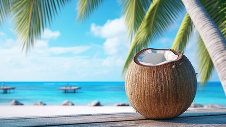 brown coconut on wooden base, Tropical beach, World Coconut Dayの素材