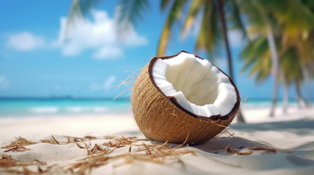 Broken brown coconut on sandy beach, Tropical beach, World Coconut Dayの素材