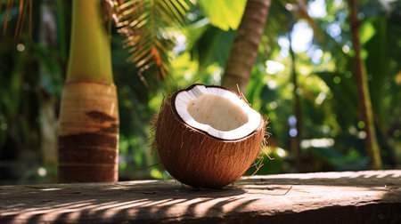 Coconut on wooden table with bokeh sun light backgroundの素材