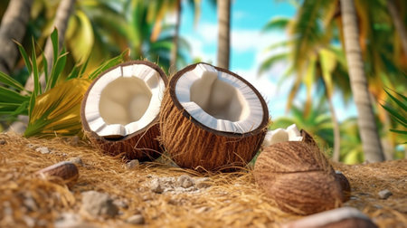 Broken brown coconut on sandy beach, World Coconut Dayの素材