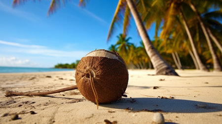 Broken brown coconut on sandy beach, Tropical beach, World Coconut Dayの素材