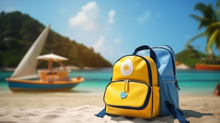 Kids School Bag on sandy beach, back to school conceptの素材