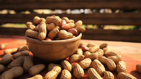 A bowl full of peanuts on wooden tableの素材