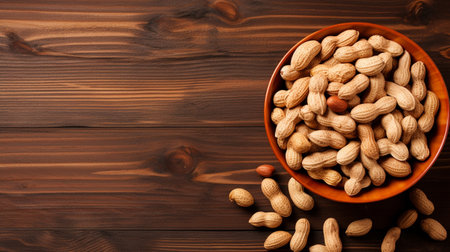 A bowl full of peanuts on wooden tableの素材