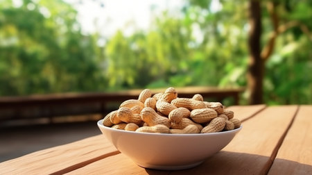 A bowl full of peanuts on wooden tableの素材