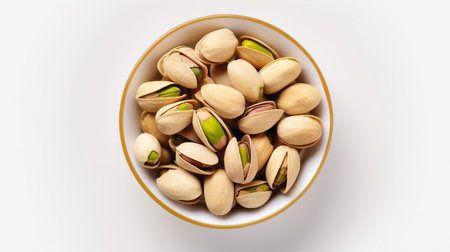 A bowl full of pistachios isolated on white backgroundの素材
