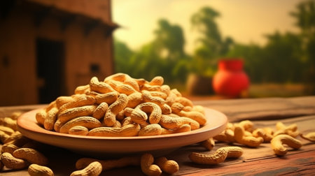 A Plate full of peanuts on wooden tableの素材