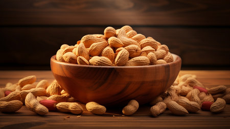 A bowl full of peanuts on wooden tableの素材