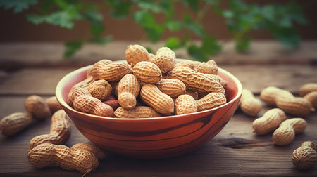 A bowl full of peanuts on wooden tableの素材
