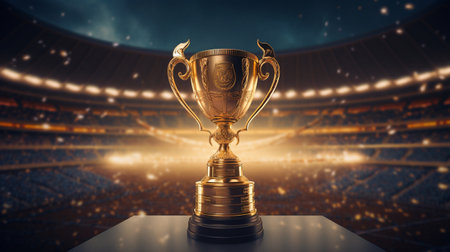 Champion's Gold Cup Shining in a Majestic Football Stadiumの素材