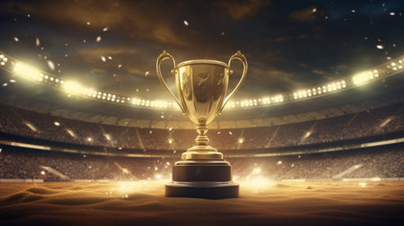 Champion's Gold Cup Shining in a Majestic Football Stadiumの素材