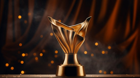 golden trophy placed on wooden table wavy cloth backgroundの素材