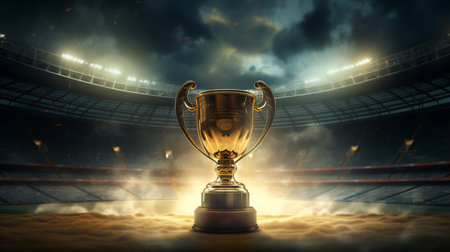 Champion's Gold Cup Shining in a Majestic Football Stadiumの素材