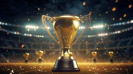 Champion's Gold Cup Shining in a Majestic Football Stadiumの素材