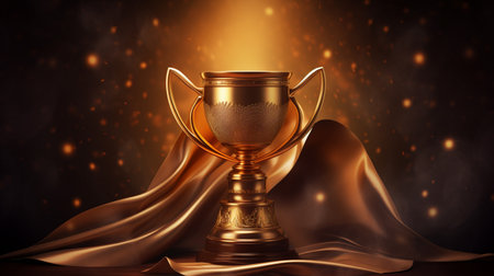 golden trophy placed on wooden table wavy cloth backgroundの素材