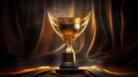 golden trophy placed on wooden table wavy cloth backgroundの素材